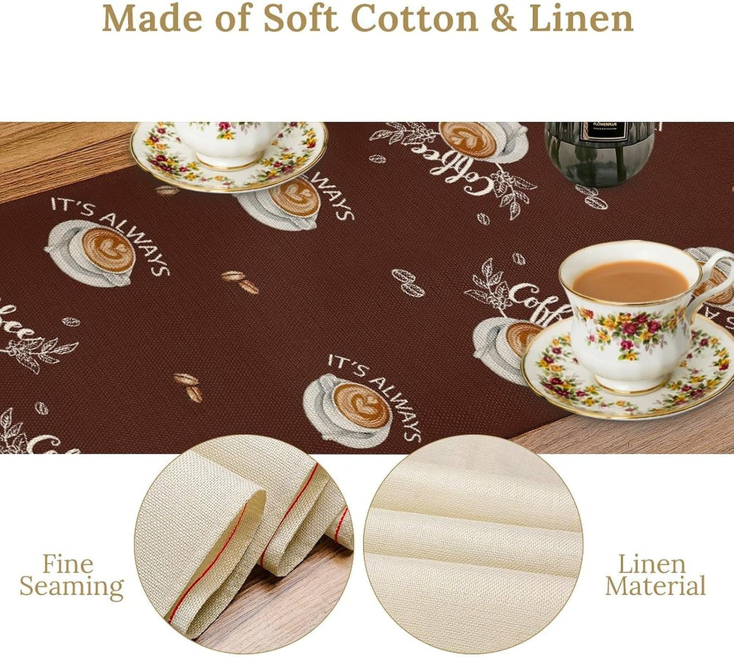 Coffee Time Table Runner, Farmhouse Retro Gnome Coffee Cup Tea Party Cafe Brwon Table Center Decor for Home Kitchen Dining Patio Holiday Party Indoor Outdoor Table Decorations,13"x108" Inch