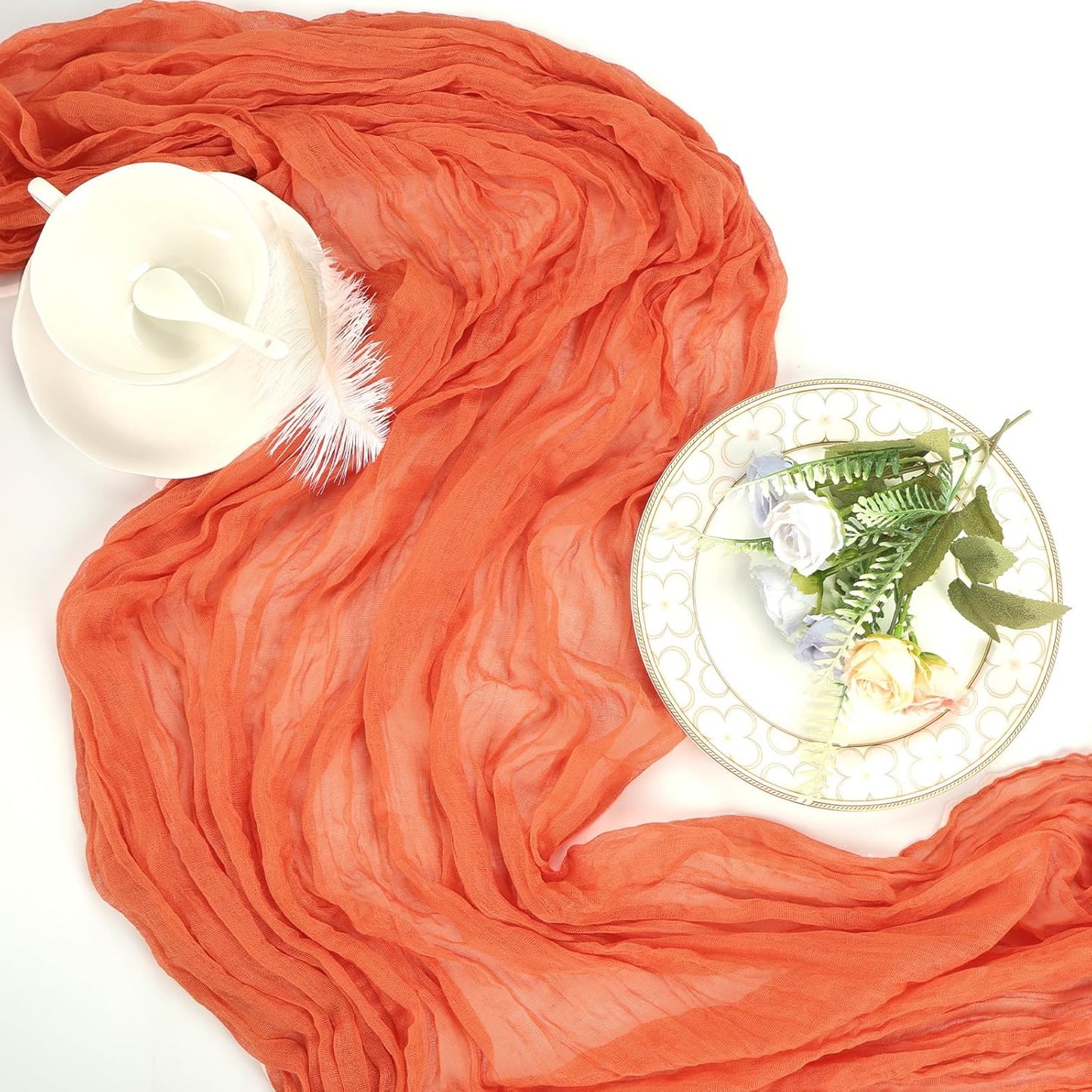 6 Pack Fall Thanksgiving Table Runner Orange 10ft Boho Gauze Fabric Cheesecloth Table Runner 35 x 120 Inch Rustic Sheer Runner for Wedding Home Décor Halloween Party Centerpiece Decorations