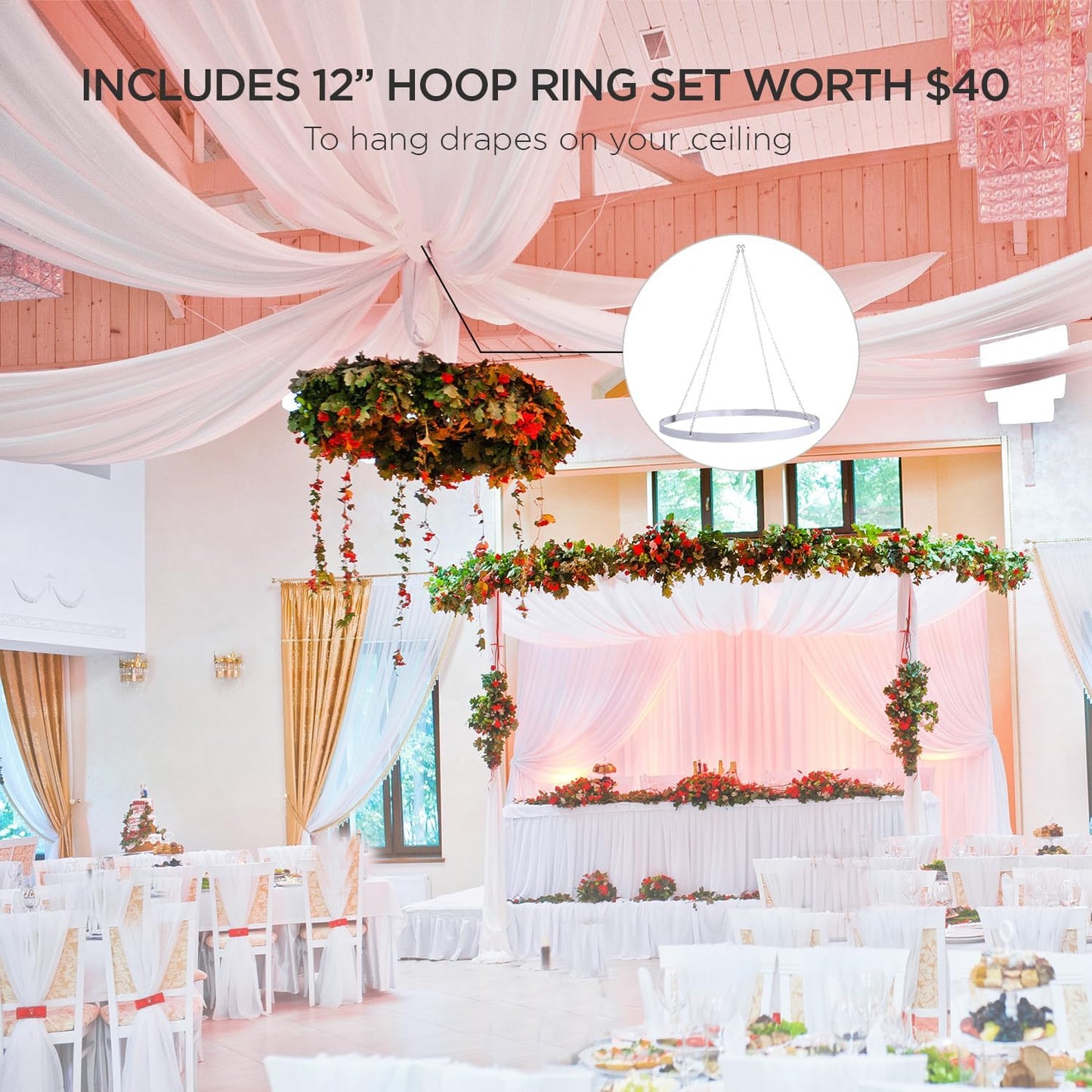 boldworks Ceiling Drapes Hanging Kit for Weddings Tent Bedroom Draping Parties Decoration White Fabric Includes Hoop Ring Set 5ft x 10ft Pack of 6
