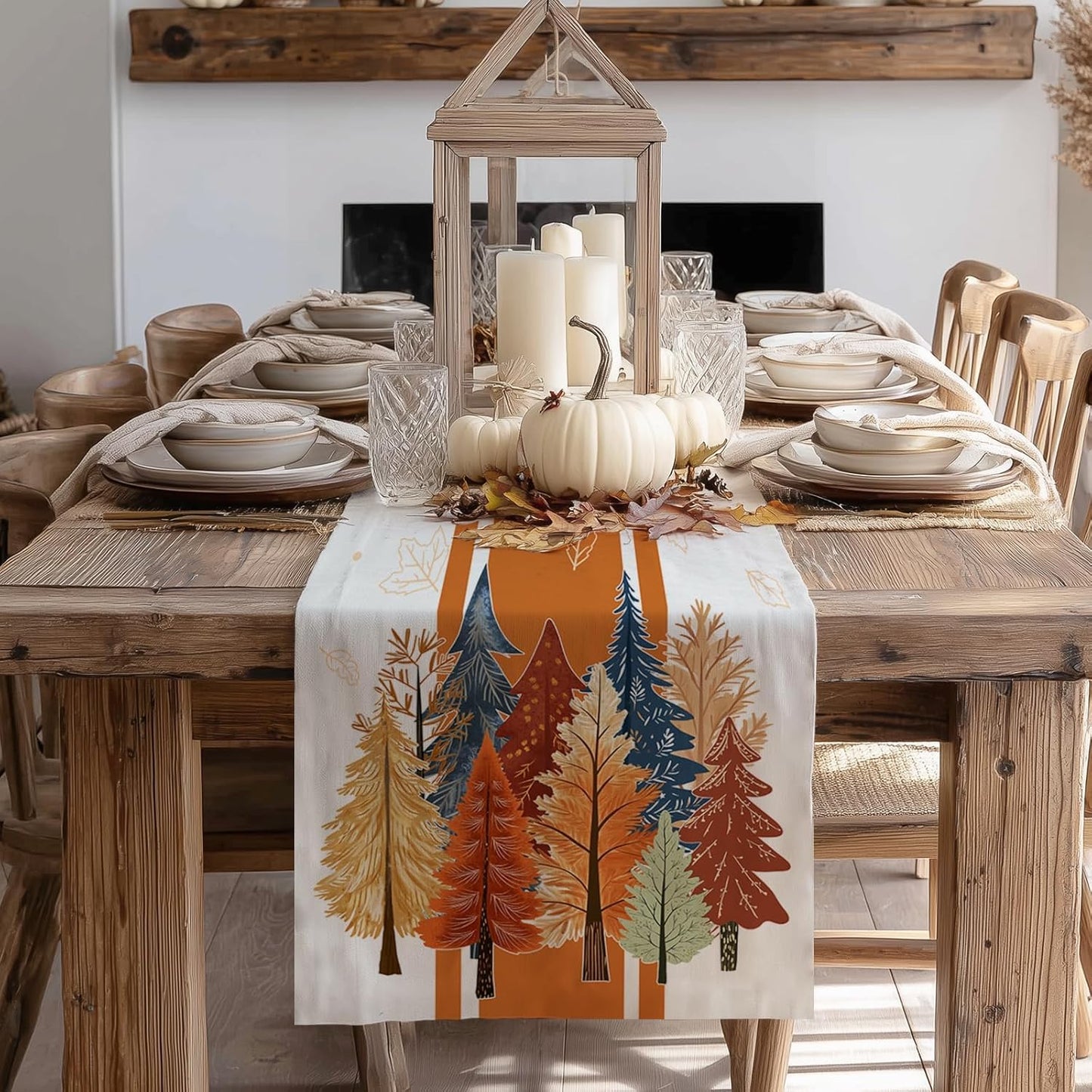 GEEORY Fall Watercolor Trees & Maple Leaves Striped Table Runner 13x90 Inch, Rustic Farmhouse Autumn Thanksgiving Decor for Kitchen, Dining, Indoor/Outdoor Holiday Dinner Party Orange GT157-90