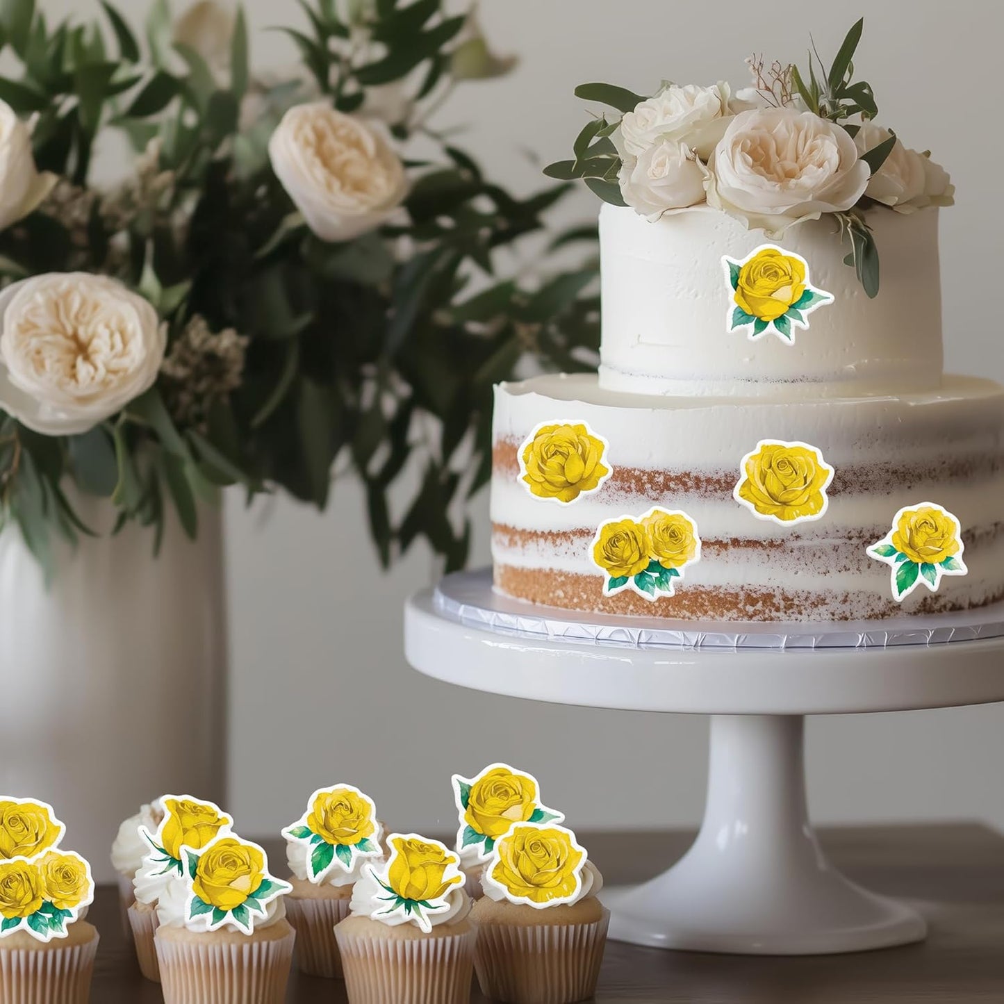 48PCS Edible Rose Flower Cupcake Toppers Wafer Paper Roses Decorations Flower Birthday Party Decorations Rose Cake Toppers for Wedding Engagement Birthday Party Cake Decor Supplies (Yellow)