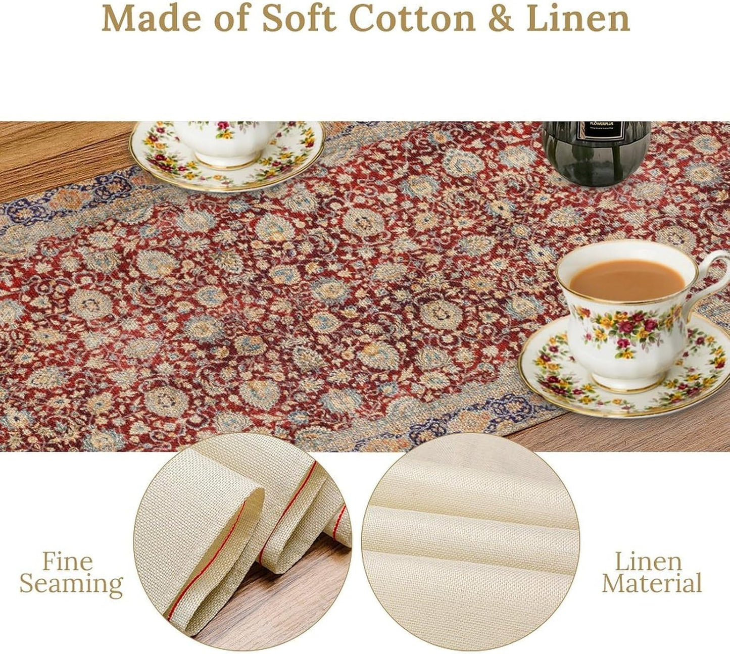 Boho Bohemia Style Table Runner, Vintage Red Blue Retro Flower Rustic Country Style Floral Print Pattern for Home Kitchen Table Decor Dining Coffee Room Garden Party Decor 13x120in