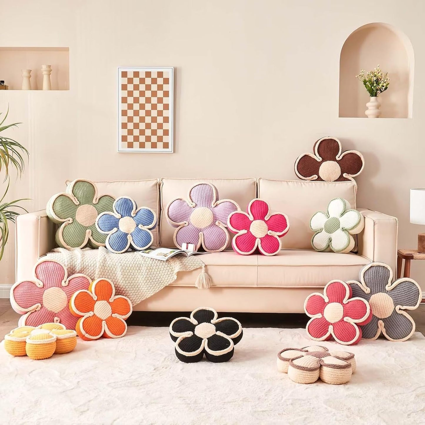 Flower Shaped Floor Cushion & Decorative Throw Pillow, Soft Plush Seating Cushion, Grey (17.7 Inch)