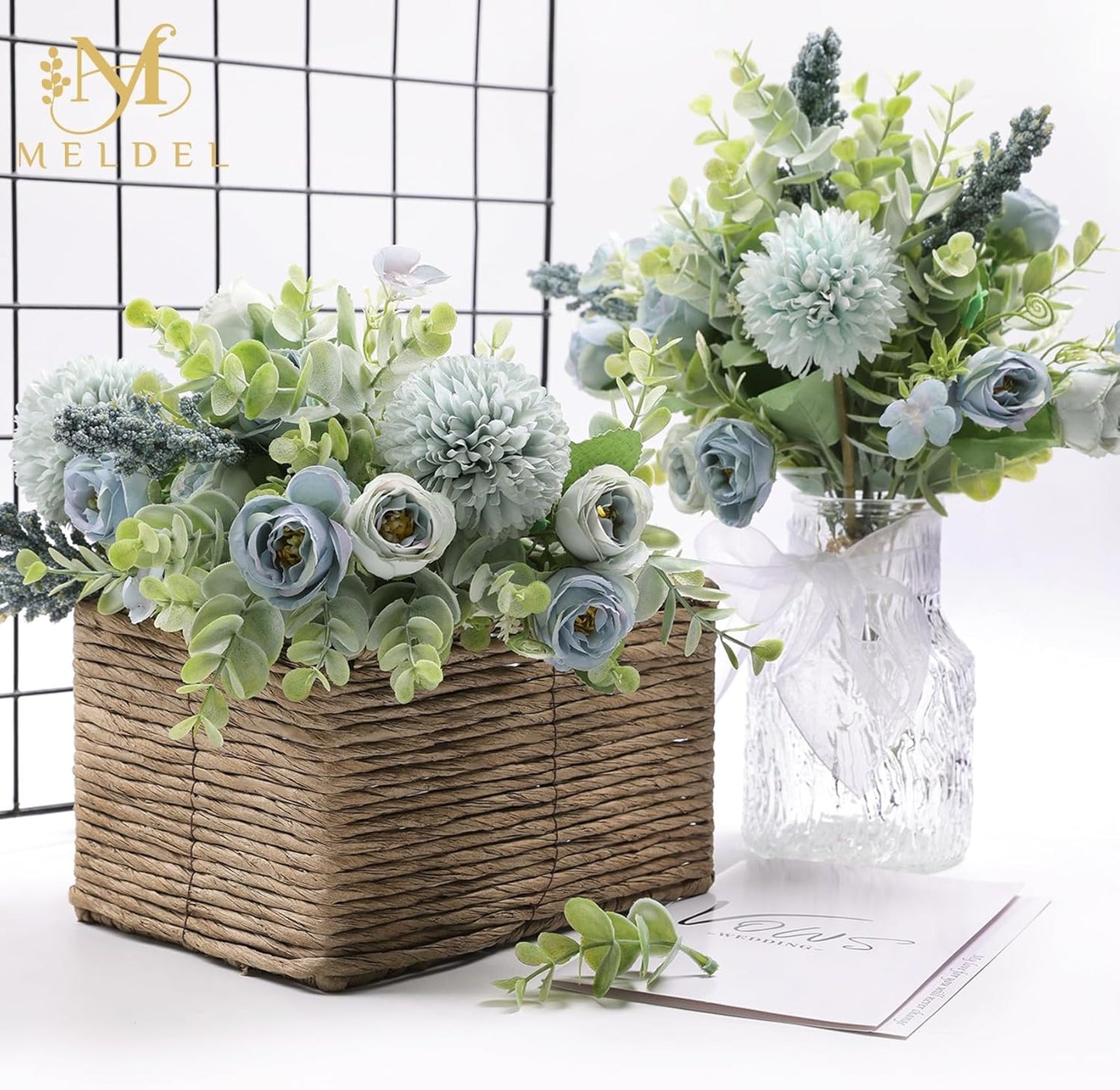 Meldel 3Pcs Rose Bouquet Blue Artificial Flowers Fake Eucalyptus Plants Silk Flower Arrangements Wedding Bouquets Decorations Plastic Floral Table Centerpieces for Home Kitchen Garden Party Decor