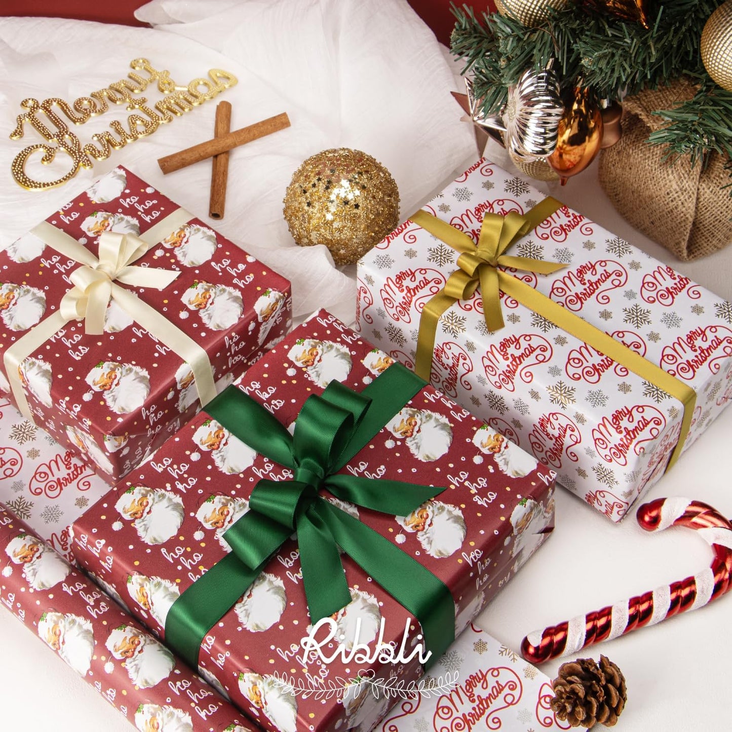 Ribbli Christmas Wrapping Paper Reversible Vintage Santa and Merry Christmas Red White Gift Wrapping Paper Rolls-17 Inch x 33 Feet
