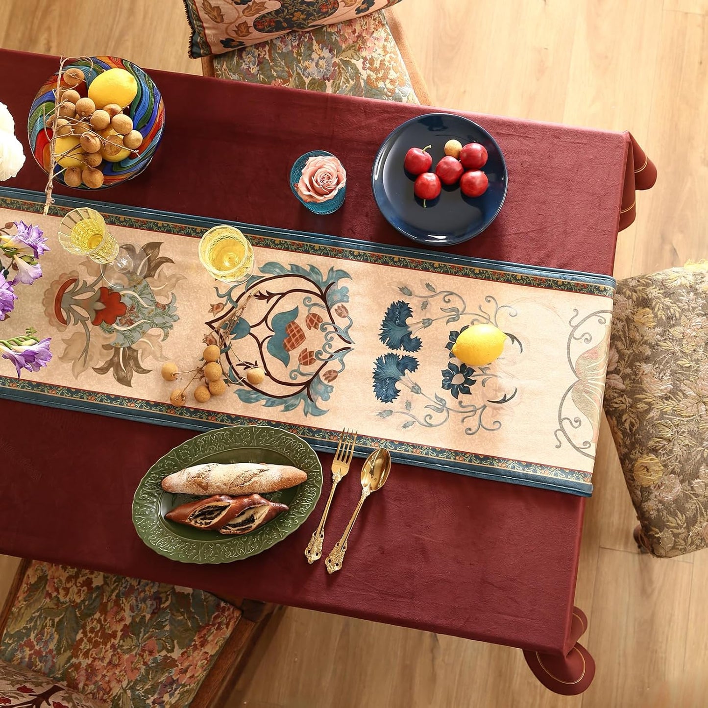 patdrea Designer Casual Wild Floral Velvet Table Runner 71 Inch Long, Brown Occult Bouquets Pattern Table Mat, Decoration for Kitchen Dining Coffee Table Cabinet Banquet Thanksgiving,12"*71"