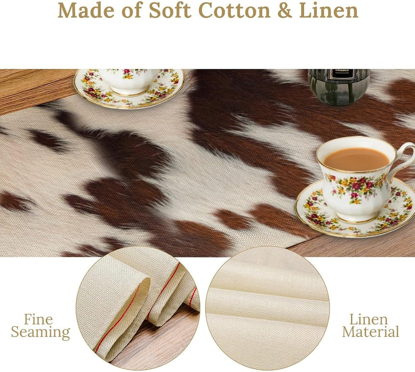 Farmhouse Cow Skin Print Table Runner, Safari Wildlife Brown Country Farm Cowhide Pattern Cotton Linen Rustic Cottage Table Runner for Dinning Home Party Holidays Home Setting, 13x60 Inch