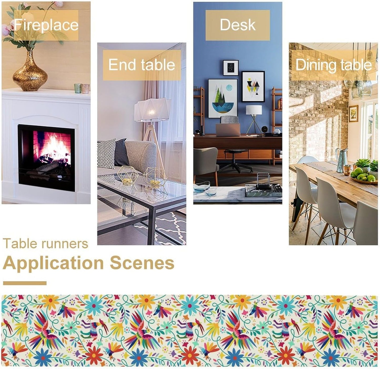 Mexican Table Runner,Boho Colorful Nature Inspired Flowers and Birds Table Cloth Kitchen Dining Table Home Party Decoration 13x120 Inch