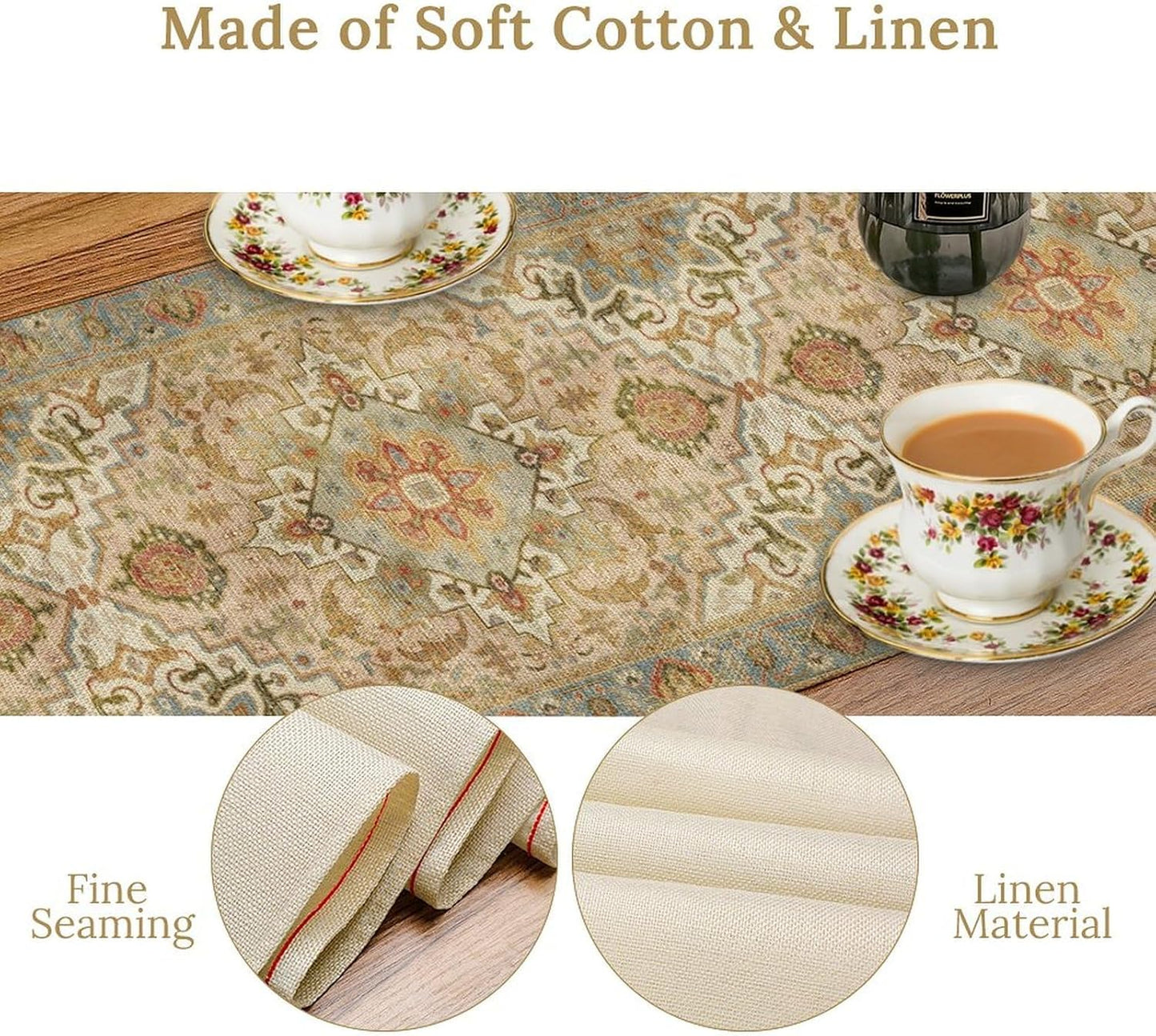 Vintage Boho Floral Table Runner, Rustic Country Farmhouse Yellow Blue Retro Flower Pattern for Home Kitchen Table Decor Dining Coffee Room Party Decor 13x90in