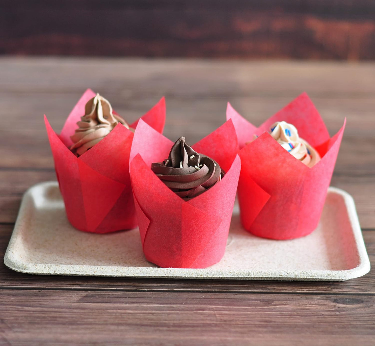 Red colour Large size Tulip Baking Cups 2-1/4"(Base diameter) x 4"(Wall height) Greaseproof paper baking cupcake Muffin liners, Case of 130 pcs