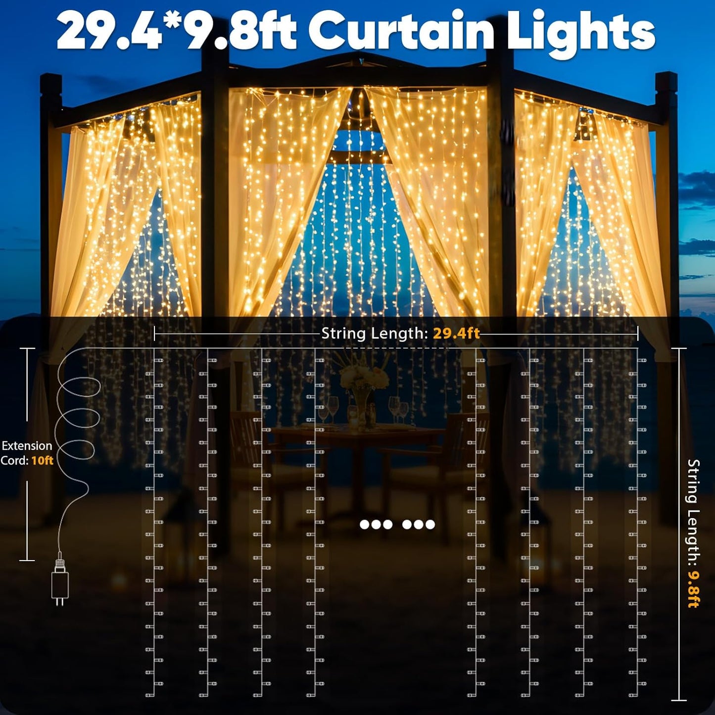 suddus 900 LED Christmas String Lights Outdoor, 9.8x29.5ft Curtain Light Plug in with Remote, 8 Modes Wall Hanging Lights for Christmas,Dorm,Wall,Window,Wedding,Party,Birthday Decor,Warm White