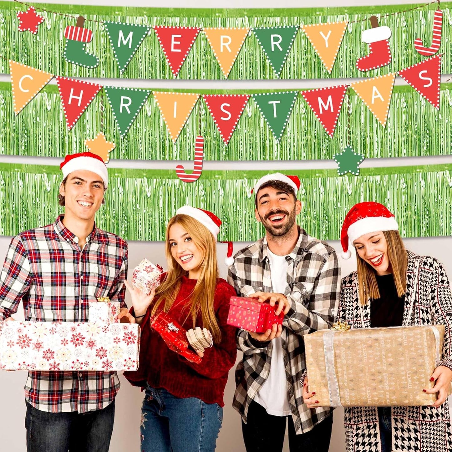 6 Pack 10 Ft Light Green Foil Fringe Garland Metallic Streamers Tinsel Banner Wall Hanging Garland Backdrop for Parade Floats, Halloween, Christmas, Thanksgiving, New Year Party Decorations