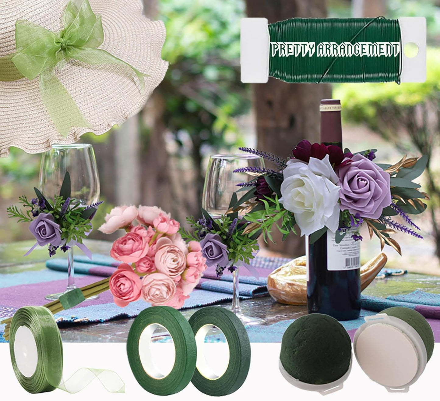 24PCS Round Floral Foam Blocks Holder Set Mini Flower Foam with Bouquet Accessories,Floral Wire, Plant Tape,Crafts Gift Ribbon