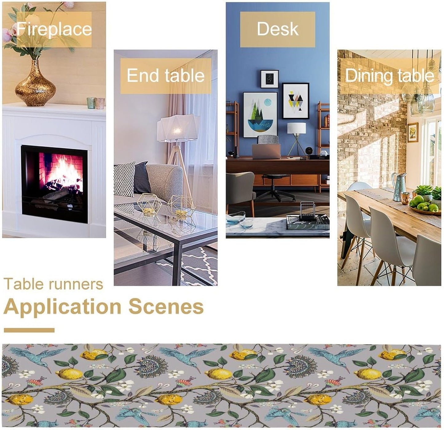 Table Runner with Flowers and Birds, Spring Plant Flowers Table Decoration Linen Table Runner Family Party Party Decorations 13x108 Inches