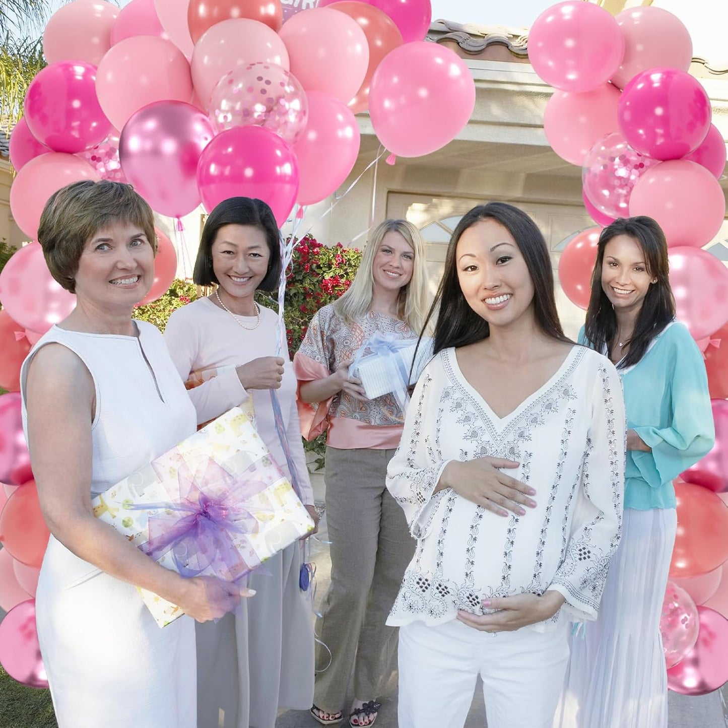 100pcs Pink Balloons Assortment - 12 Inch Metallic, Dusty Rose, Pearl & Hot Pink Pastel Balloons for Baby Shower, Bachelorette Party, Princess Birthday, Gender Reveal Party(66ft Ribbons)