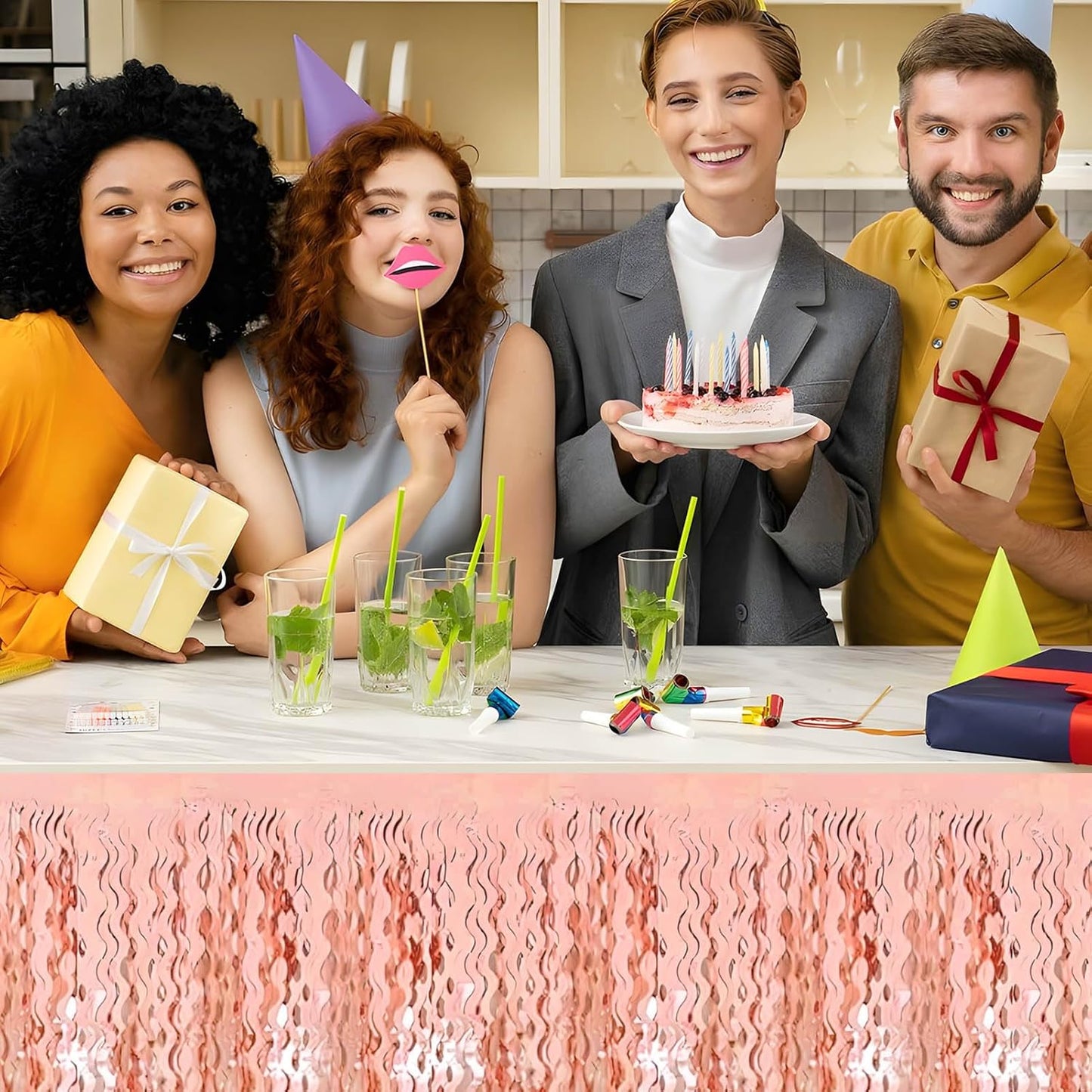 6 Pack 29x108 Inch Rose Gold Wave Foil Fringe Table Skirts Metallic Banner for Tinsel Streamer Garland Backdrop for Parade Floats Wedding, Mother's Day, Birthday Mardi Gras Party Decorations