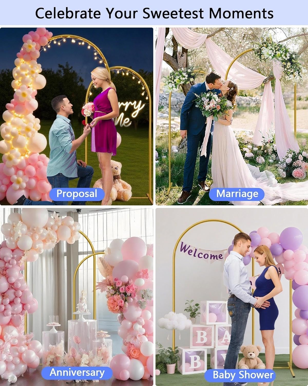 HEMMOTOP Metal Arch Backdrop Stand Set of 2 (7.2ft + 6ft), Wedding Arch Frame, Stable Background Stand with Square Base Ground Nails, for Birthday Party Baby Shower Garland Decoration, Gold