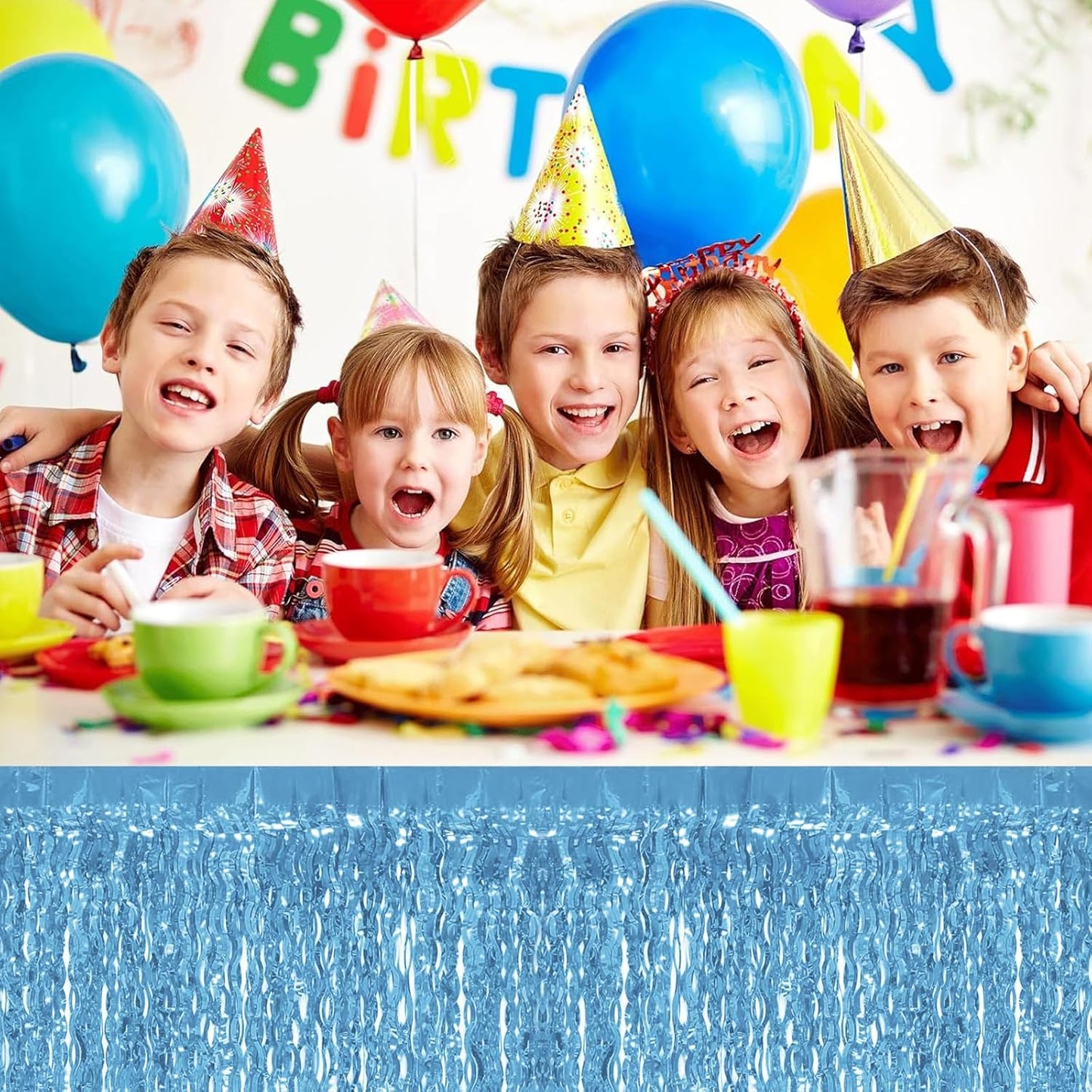 4P Wavy Metallic Tinsel Foil Fringe Table Skirts for Rectangle Tables Backdrop Garland Curtains for Parade Floats Wedding Birthday Parties Decoration Graduation 2025 Christmas (Light Blue)