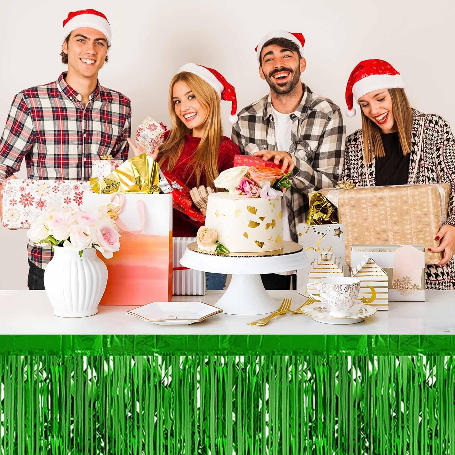 3 Pack 29 x108 Inch Green Foil Fringe Table Skirts Metallic Banner for Tinsel Streamer Garland Backdrop for Parade Floats Mother's Day, Graduate, Birthday, Wedding Party Decoration