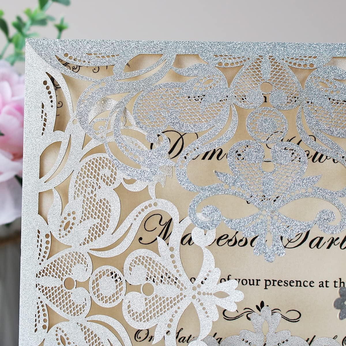 Hosmsua 6.3 x 6.3 Inch 50PCS Silver Glitter Laser Cut Hollow Lace Rose Wedding invitation Cards with Envelopes Wedding invitations for Anniversary Invite (Silver Glitter)
