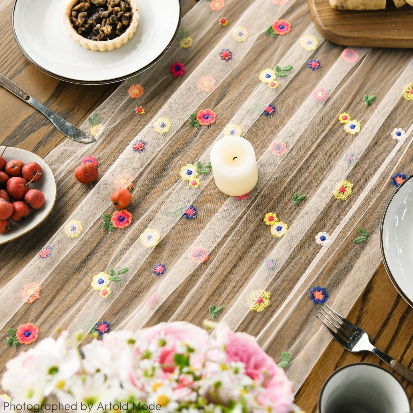 Artoid Mode 3PCS Champagne Embroidery Daisy Gauze Table Runner 120 Inch 10FT, Seasonal Sheer Kitchen Dining Holiday Wedding Birthday Table Decor for Home Party