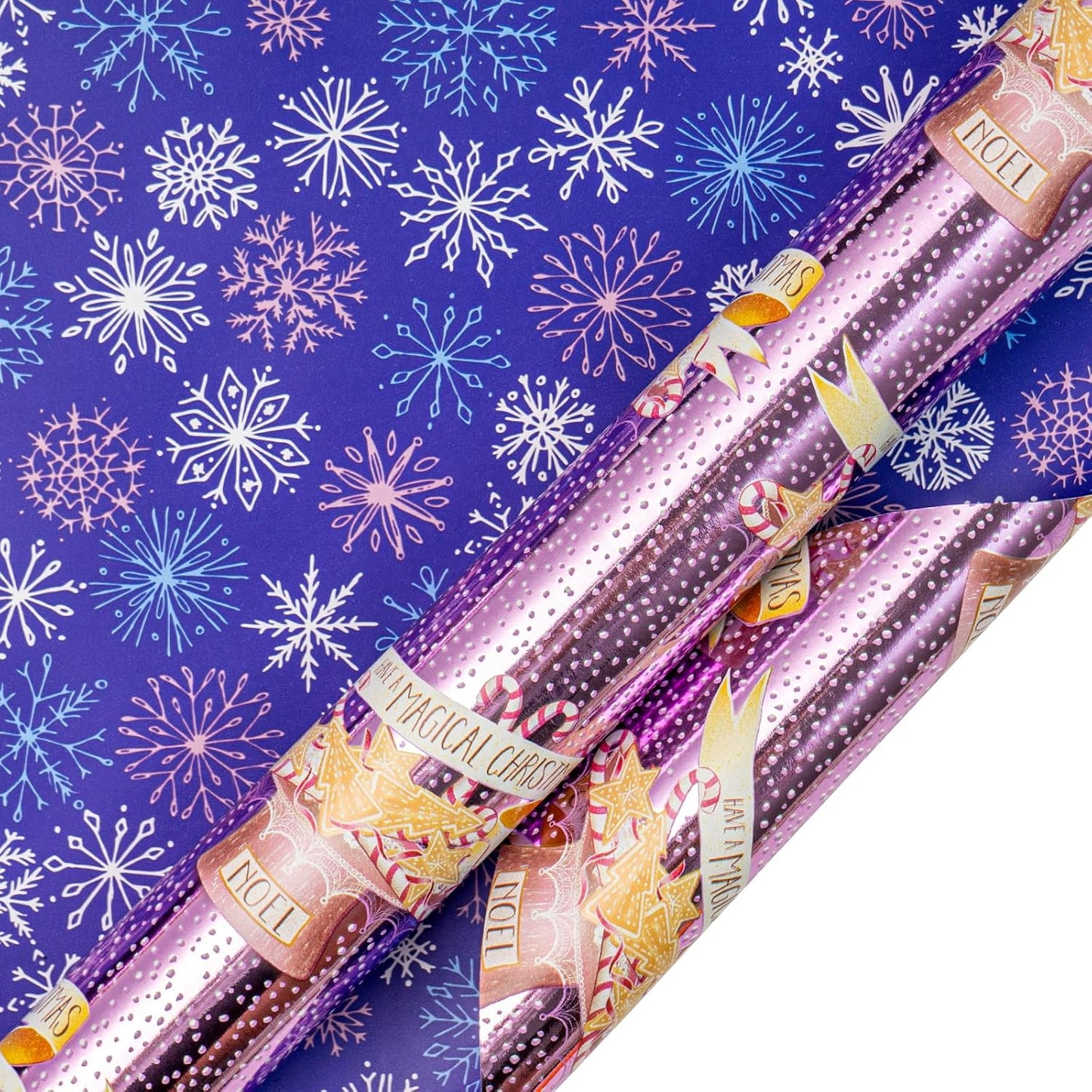 LeZakaa Christmas Purple Wrapping Paper Mini Roll, Have a Magical Christmas Cake Stand, Snowflake in Purple, Metallic Foil, Reversible Design for Winter Holiday Family Gathering, 17 inches x 32.8 Feet