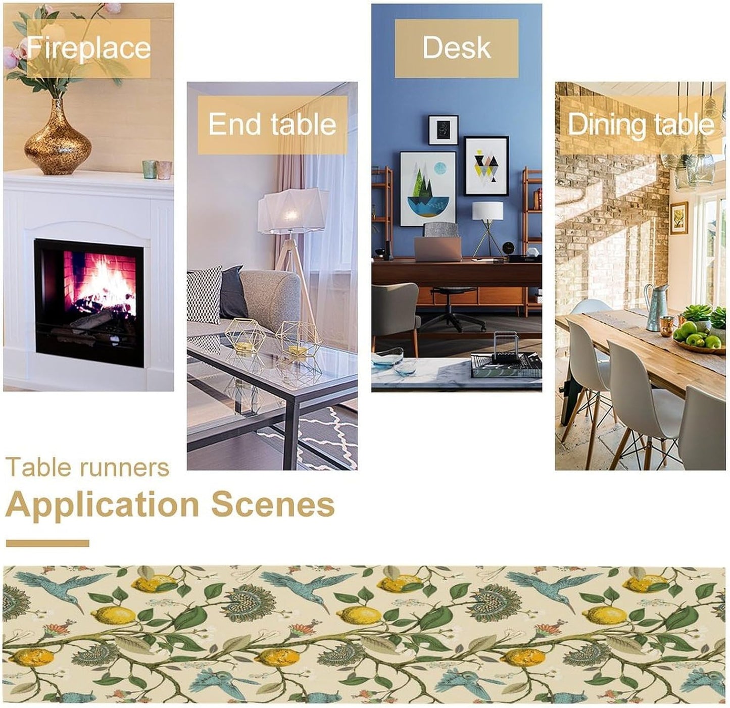 Table Runner with Flowers and Birds, Spring Plant Flowers Table Decoration Linen Table Runner Family Party Party Decorations 13x60 Inches