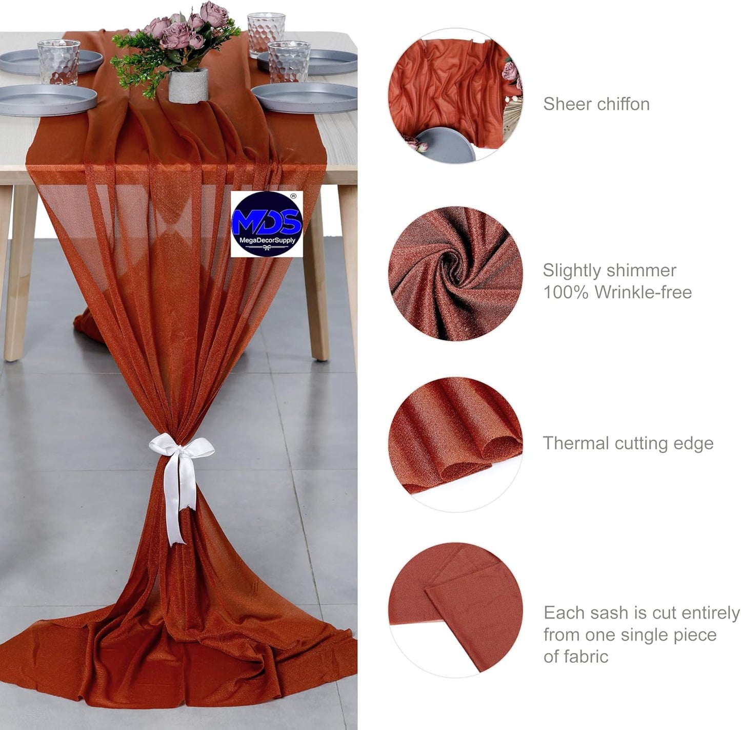 MDS 2 Pack 14ft Chiffon Table Runner 29 x 170 Inches Sheer Wedding Runner Romantic Rustic Table Runner for Wedding Decorations, Birthday Parties, Bridal Shower Party Arch Decor - Terracotta