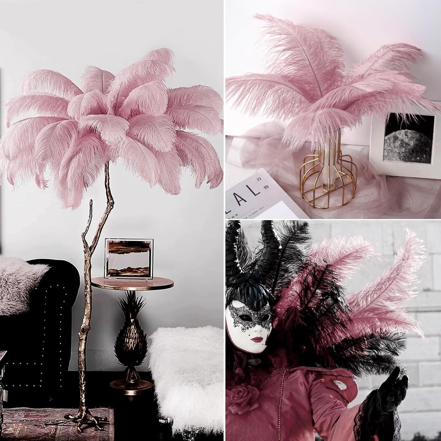 NEWONG 30pcs Peony Pink Green Ostrich Feathers Natural Bulk 11-14inch(28-35cm) Vase Craft Wedding Home Party Centerpieces Christmas Day Decoration