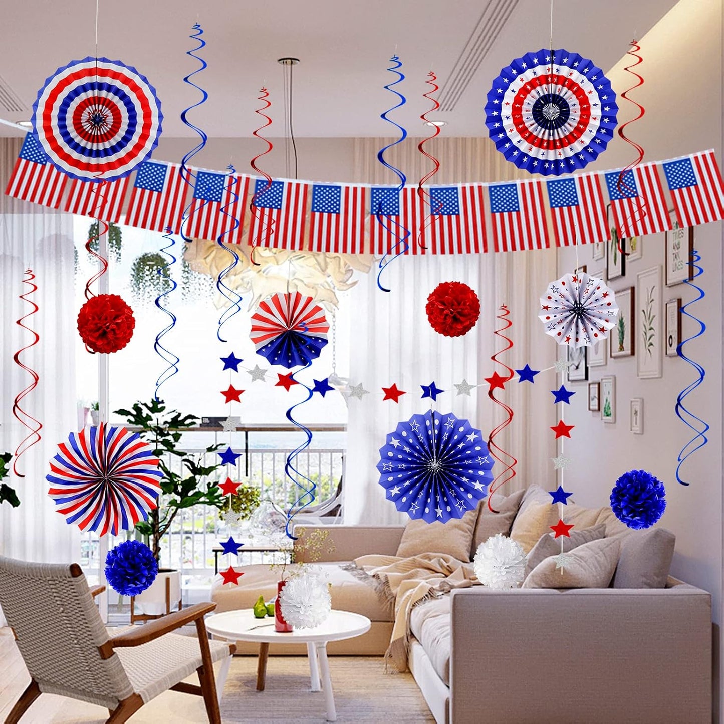 26Pcs 4th of July Decorations Patriotic Decor USA Flag String Red White Blue Paper Fans Star Streamer Pom Poms Hanging Swirls for Memorial Day,Fourth of July,Armed Forces Day,Flag Day