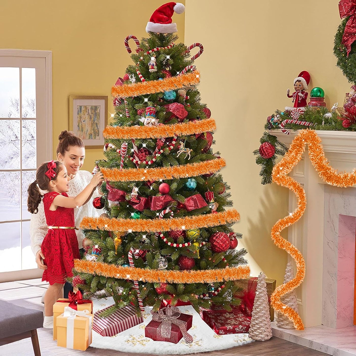 Macaron Metallic Twist Tinsel Garland - 25ft Wall Hanging Backdrop for Christmas, New Year & Valentine's Day Parties (Orange, 4in x 25ft)