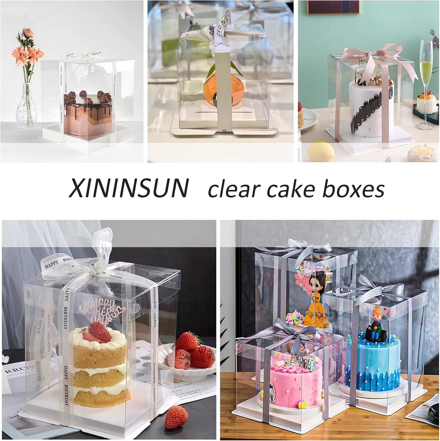 XININSUN 6Pcs clear cake Box with Ribbon, 8 X 8 X 9inch tall cake box,8inch Bakery Take Out Transport Containers Clear Gift Boxes for Wedding, Birthday, Party