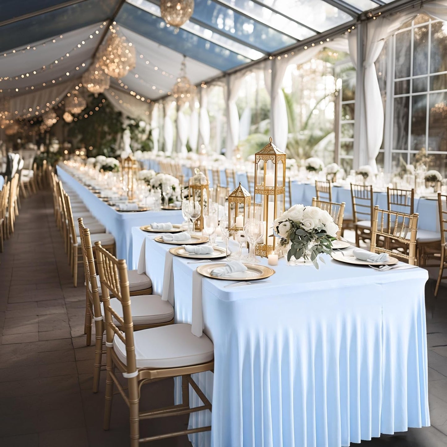 Wish Care 6 Pack Baby Blue Spandex Table Clothes for 6 Foot Rectangle Tables, 6FT Wrinkle Free Fitted Tablecloths Ruffles Design Table Cover for Party, Banquet, Wedding and Events