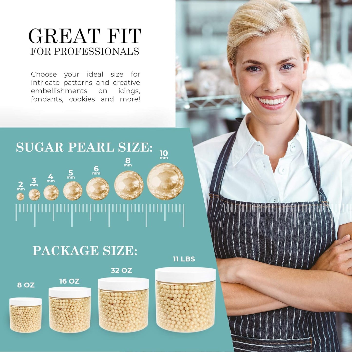 O'Creme Ivory Edible Sugar Pearls Cake Decorating Supplies for Bakers: Cookie, Cupcake & Icing Toppings, Beads Sprinkles For Baking, Certified, Candy Sugar Ball Accents (2mm, 8 Oz)