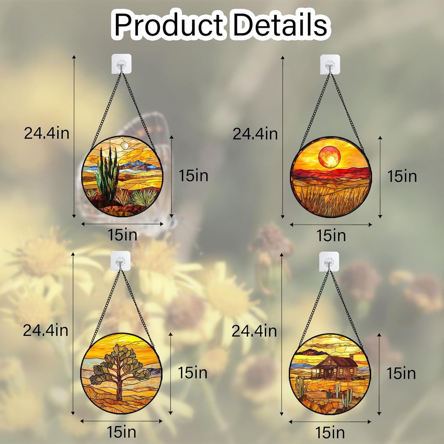 Stained Glass Window Hanging 4 Pcs Set Desert Sunset Theme Landscape Large 15" - Suncatcher Door Garden Sun Catcher Decor Birthday Christmas for Mom Woman Nana Men