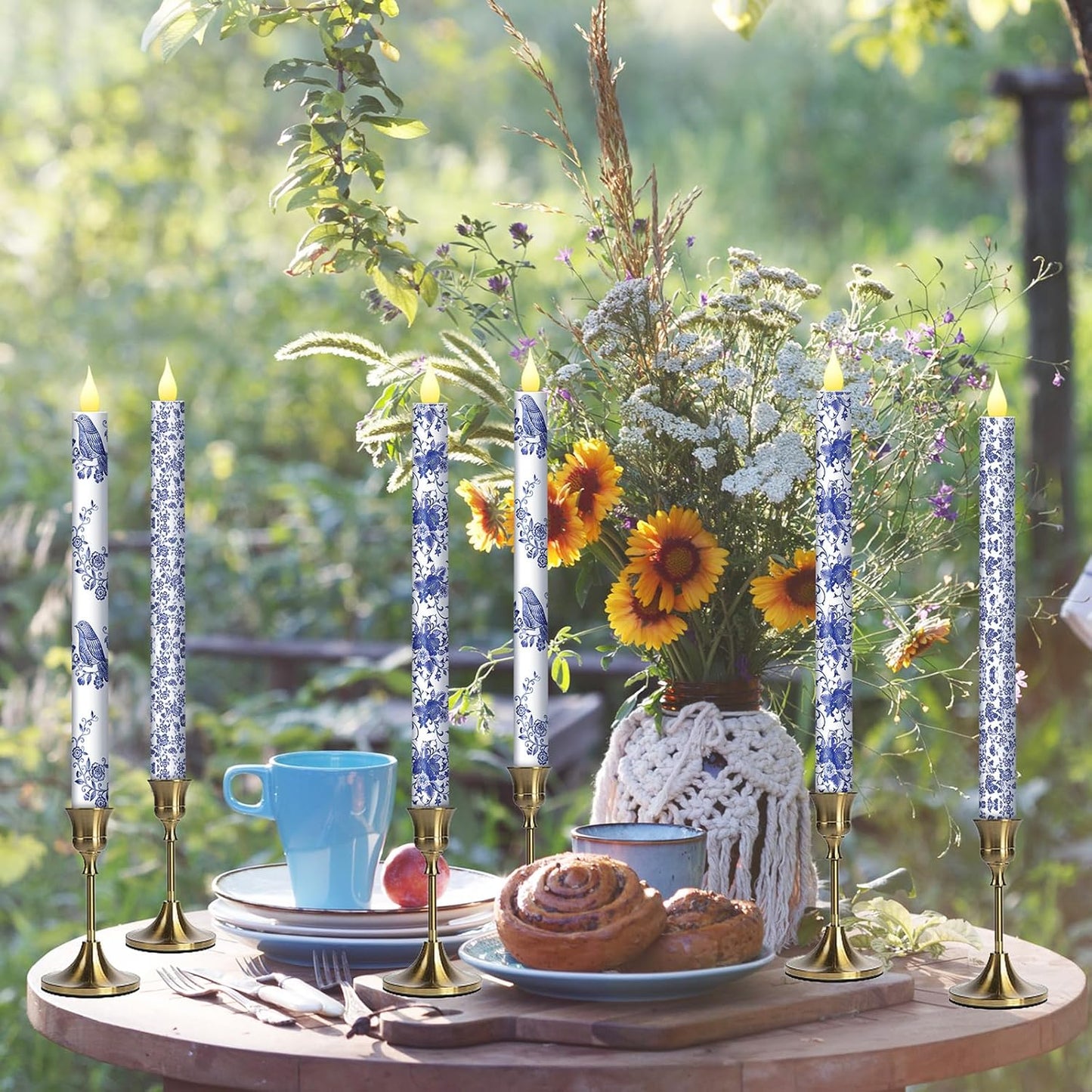 Baquler 6 Pcs Chinoiserie Bird Floral Flameless Candles 10.6 Inch Christmas Blue and White Battery Operated Led Candlesticks Chinoiserie Decor for Christmas Centerpiece Xmas Party Decor Holiday Gifts