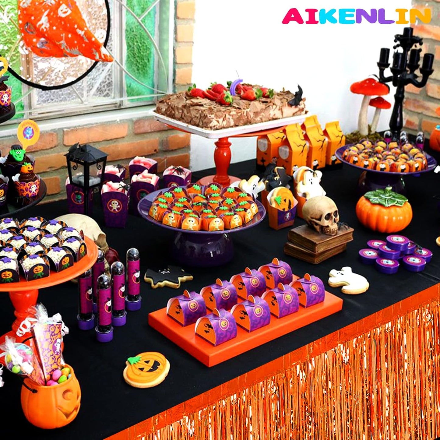 6 Pack 29x108 Inch Orange Metallic Foil Fringe Tinsel Table Skirts Banner for Rectangle Tables Streamer Garland Curtains Backdrop for Wedding, Birthday, Parade Floats, Christmas Party Decoration