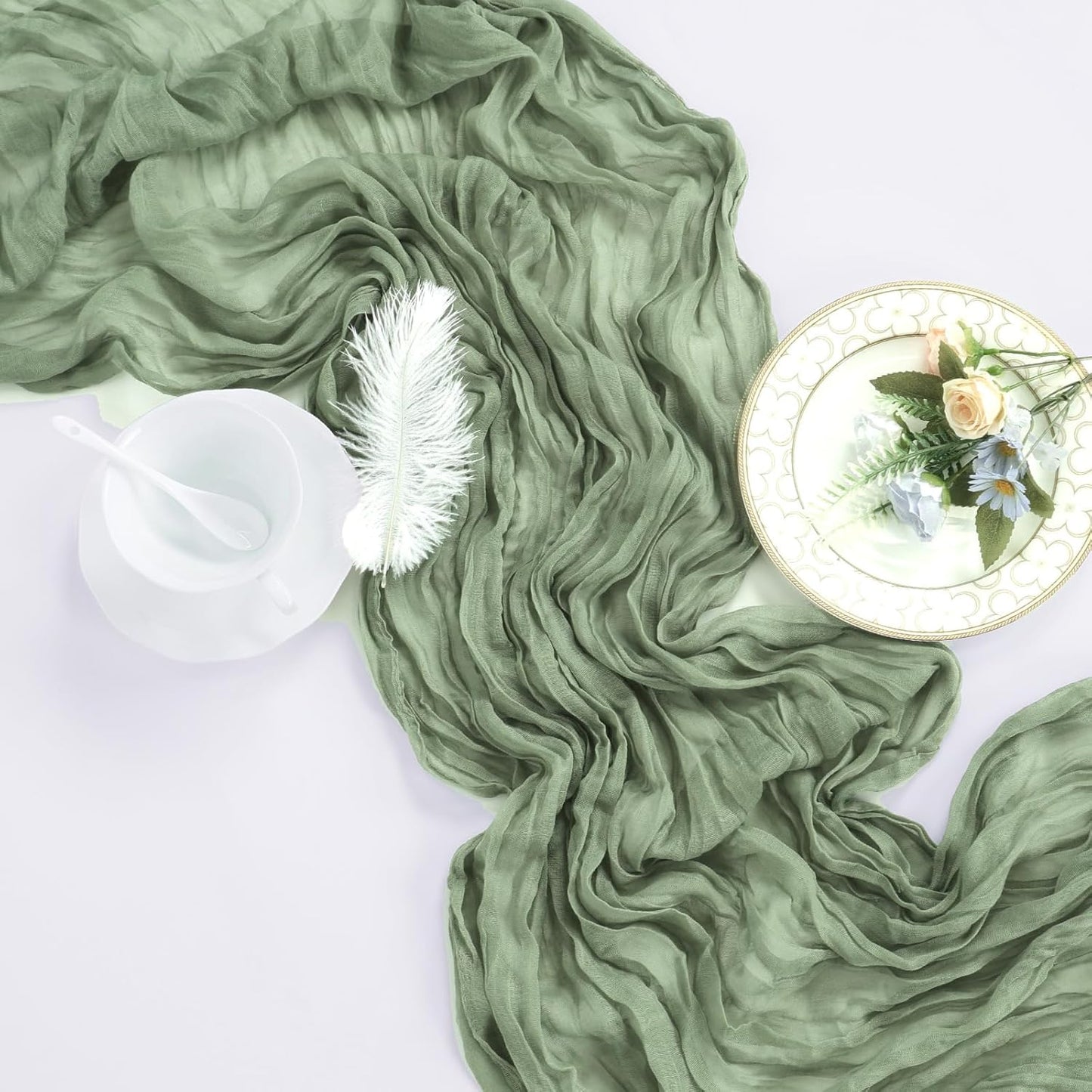 12 Pack Sage Green Cheesecloth Table Runner 10ft Boho Gauze Fabric Cheese Cloth Table Runner 35 x 120 Inch Rustic Sheer for Romantic Wedding Decor Baby Shower Party Table Centerpiece Decoration