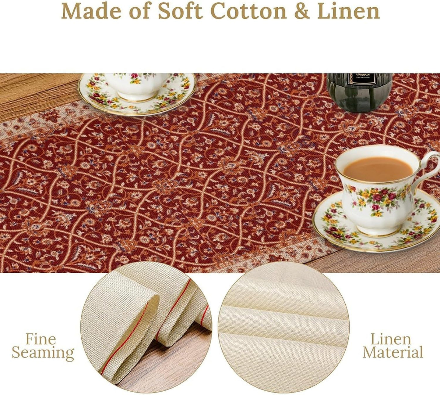 Boho Floral Vintage Table Runner, Red Retro Flower Rustic Country Farmhouse Abstract Pattern for Home Kitchen Table Decor Dining Coffee Room Party Decor 13x60in