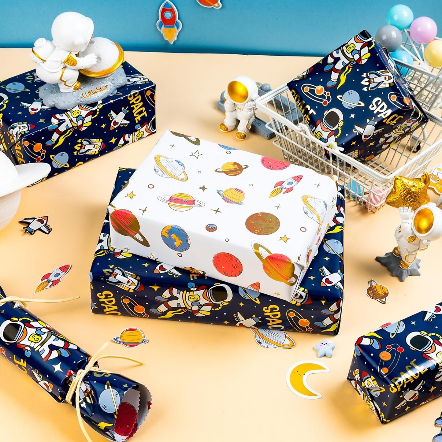 Yarcony Space Wrapping Paper Roll, Birthday Wrapping Paper for Boys, Navy Blue Astronaut Gift Wrap for Kids Birthday Outer Space Party Decor RocketShip Wrap Galaxy Planets Stars (30 Inch X 33 Feet)