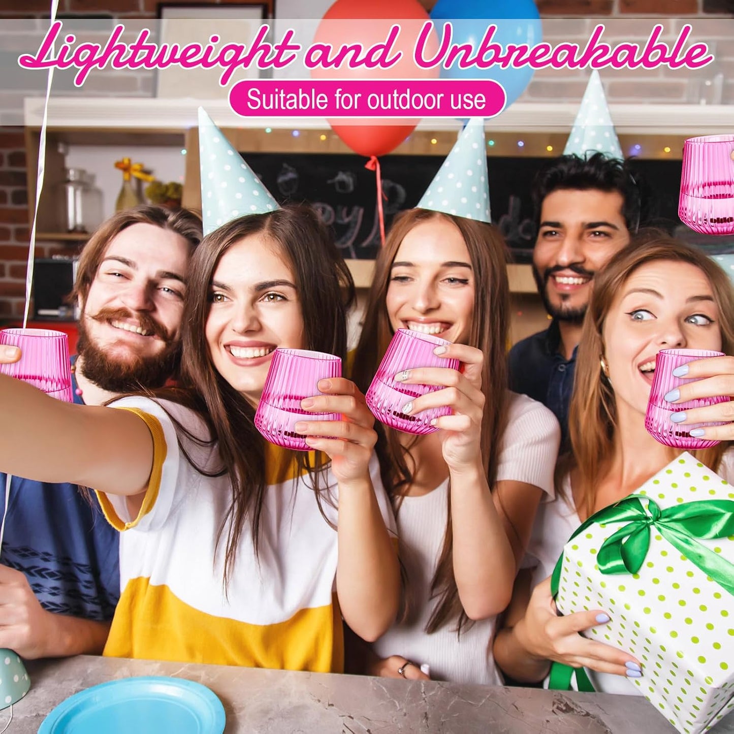 Suclain 50 Pcs Plastic Wine Glasses Ribbed Stemless Wine Glasses 14oz Vertical Design Unbreakable Cups for Outdoor Indoor Vintage Elegant Champagne Whiskey Cups for Party Wedding (Hot Pink)