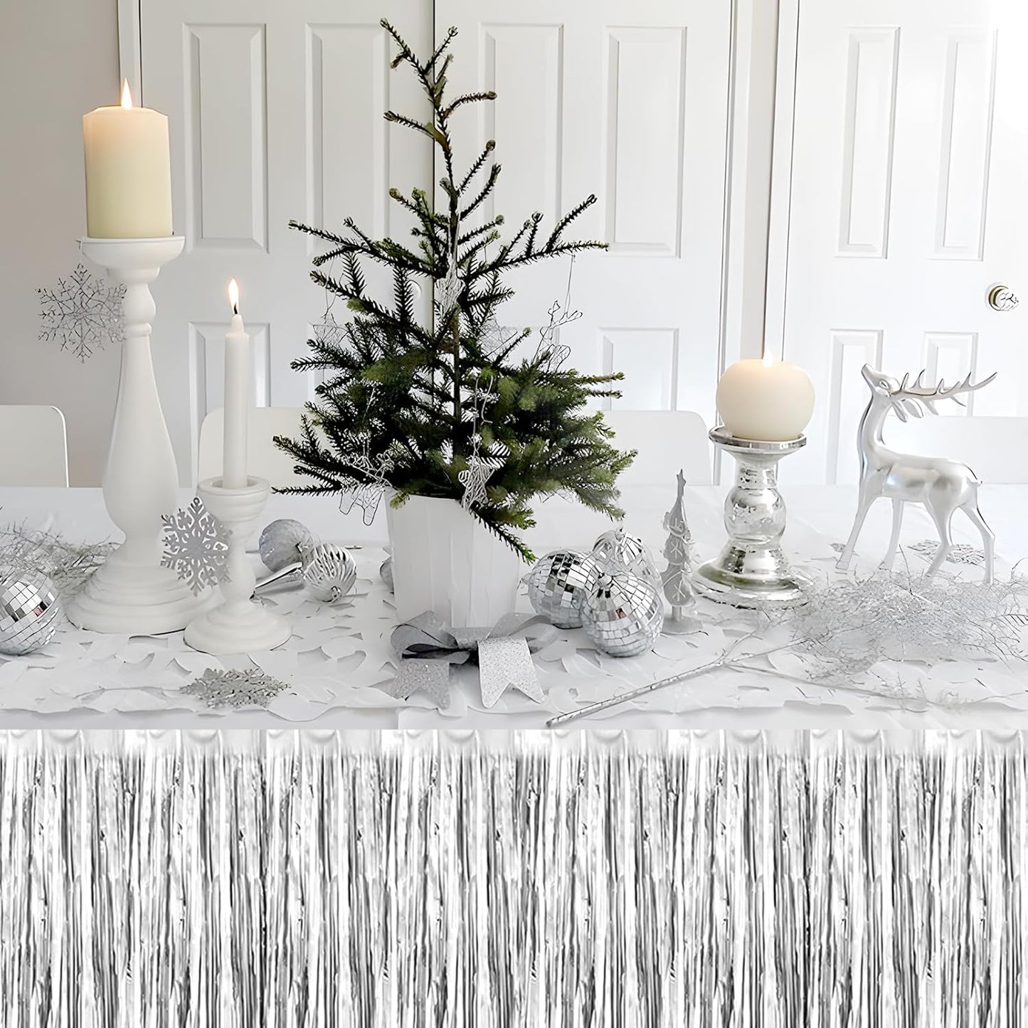 3 Pack 29x108 Inch Silver Foil Fringe Table Skirts Metallic Banner for Tinsel Streamer Garland Backdrop for Parade Floats Wedding Thanksgiving Birthday Christmas Halloween Party Decoration