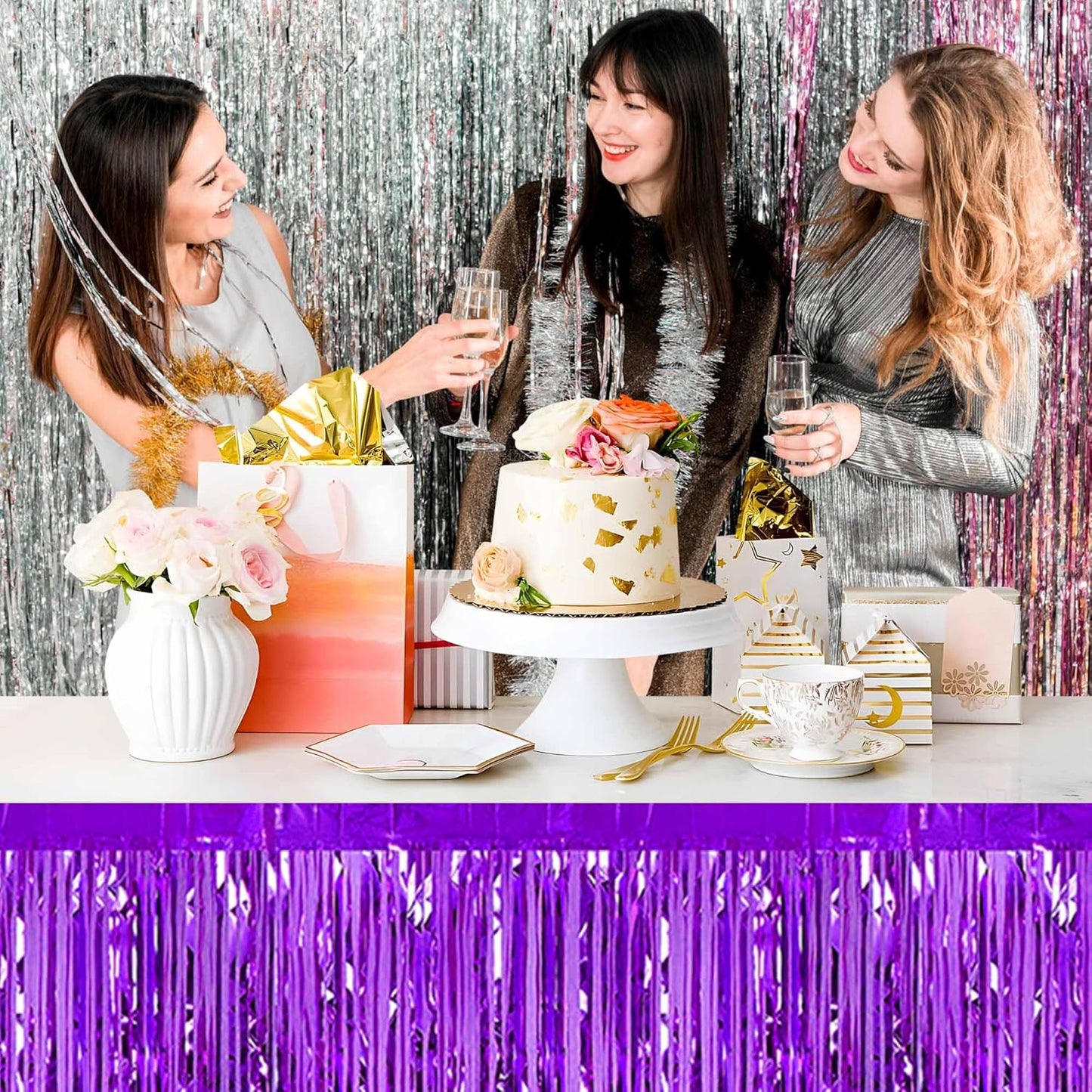 3 Pack 29 x108 Inch Purple Foil Fringe Table Skirts Metallic Banner for Tinsel Streamer Garland Backdrop for Parade Floats Mother's Day, Graduate, Birthday, Wedding Party Decoration
