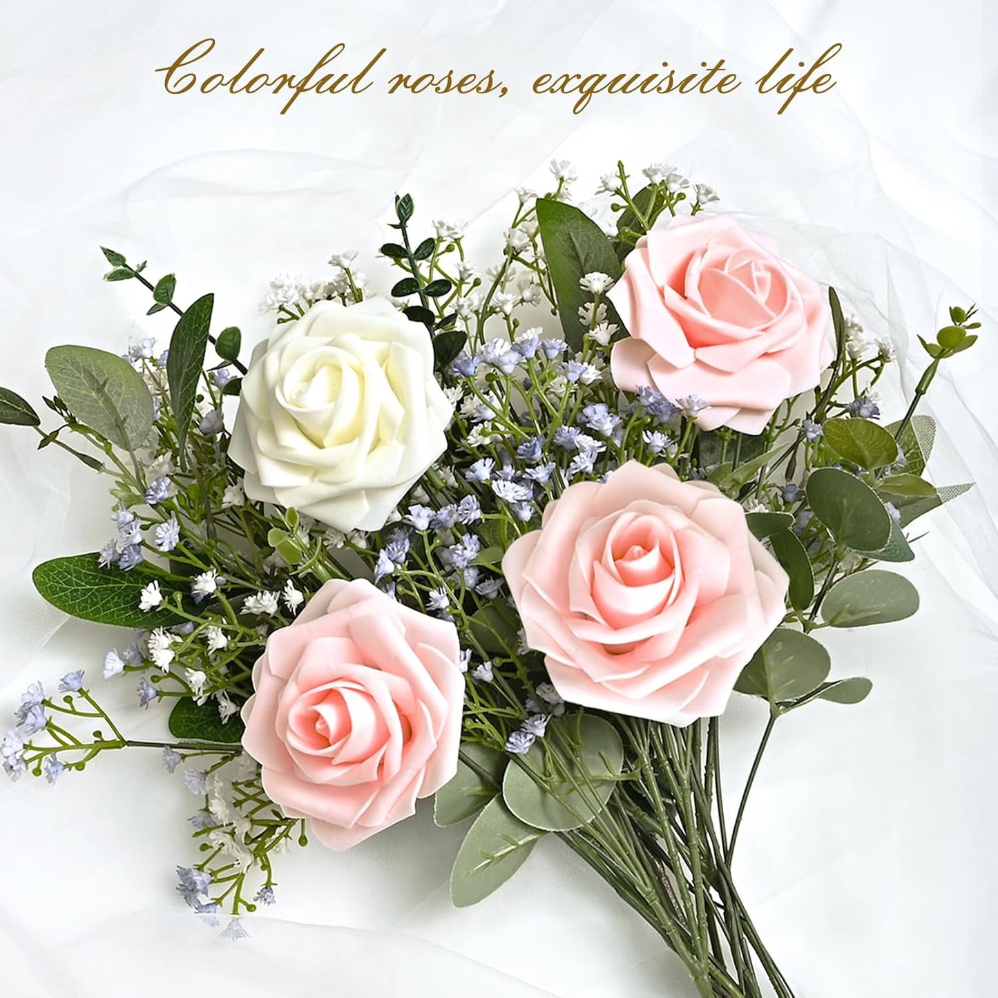 BLEUM CADE 16Pcs Artificial Flowers Fake Roses with Stems, Pink Boxed Foam Roses for DIY Bouquets Centerpieces Wedding Party Arrangement Bridal Shower Decor