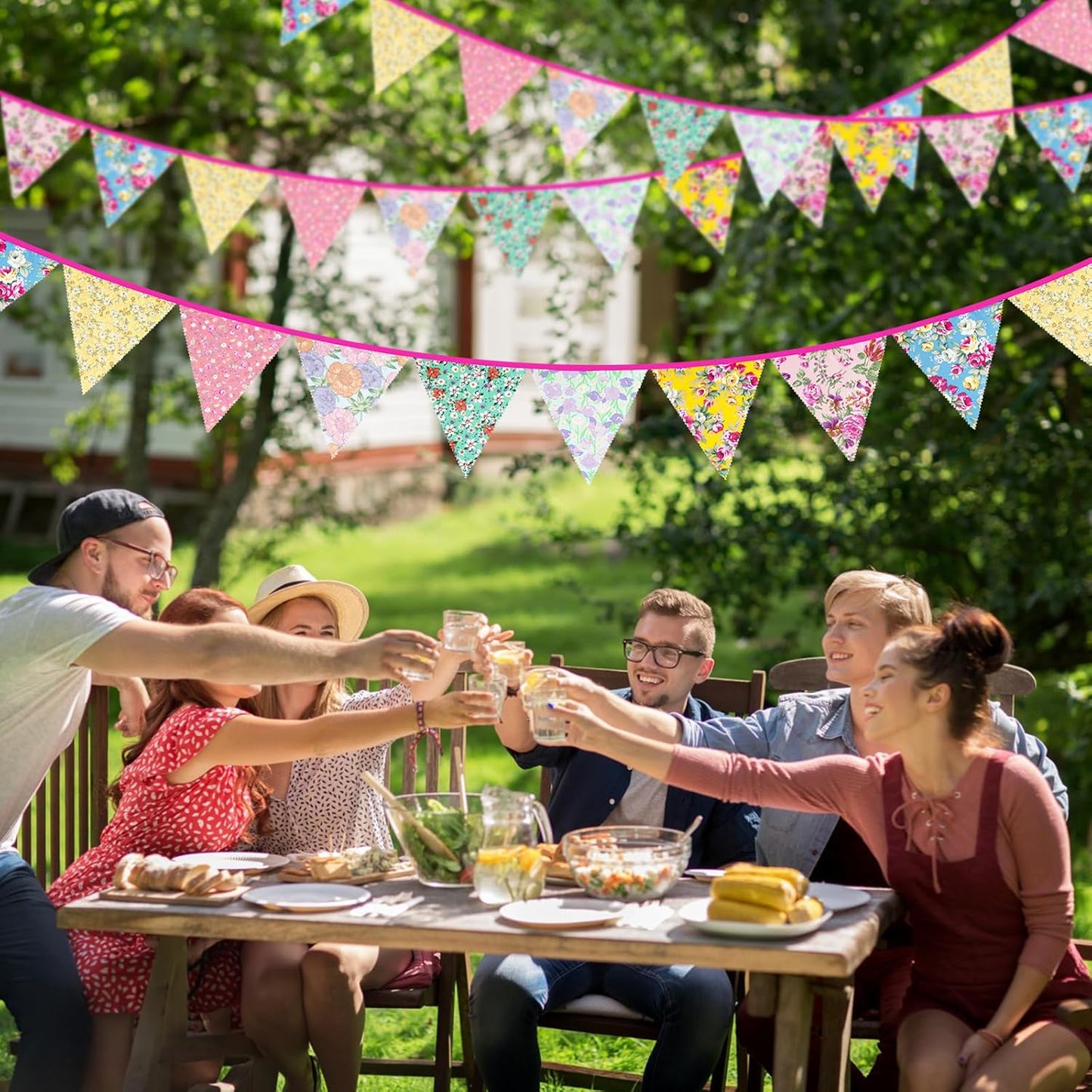 jijAcraft 39Ft Triangle Bunting Banner, 42Pcs Tea Floral Party Bunting Cotton Fabric Flags Pennant Garlands for Birthday Party, Wedding, Baby Shower, Outdoor and Home Decorations (Blue)