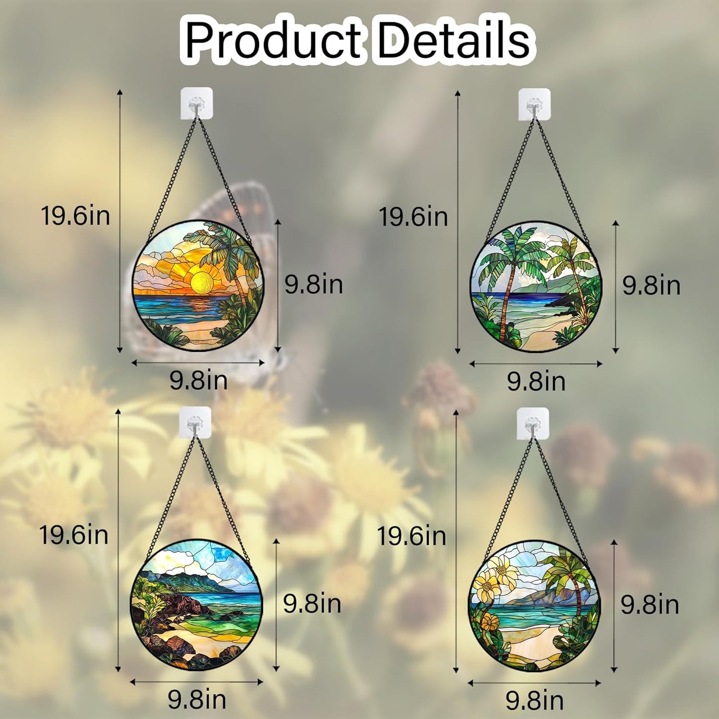 Stained Glass Window Hanging 4 Pcs Set Blue Ocean Coconut Tree Scenery 9.8" - Suncatcher Door Garden Sun Catcher Decor Birthday Christmas for Mom Woman Nana Men