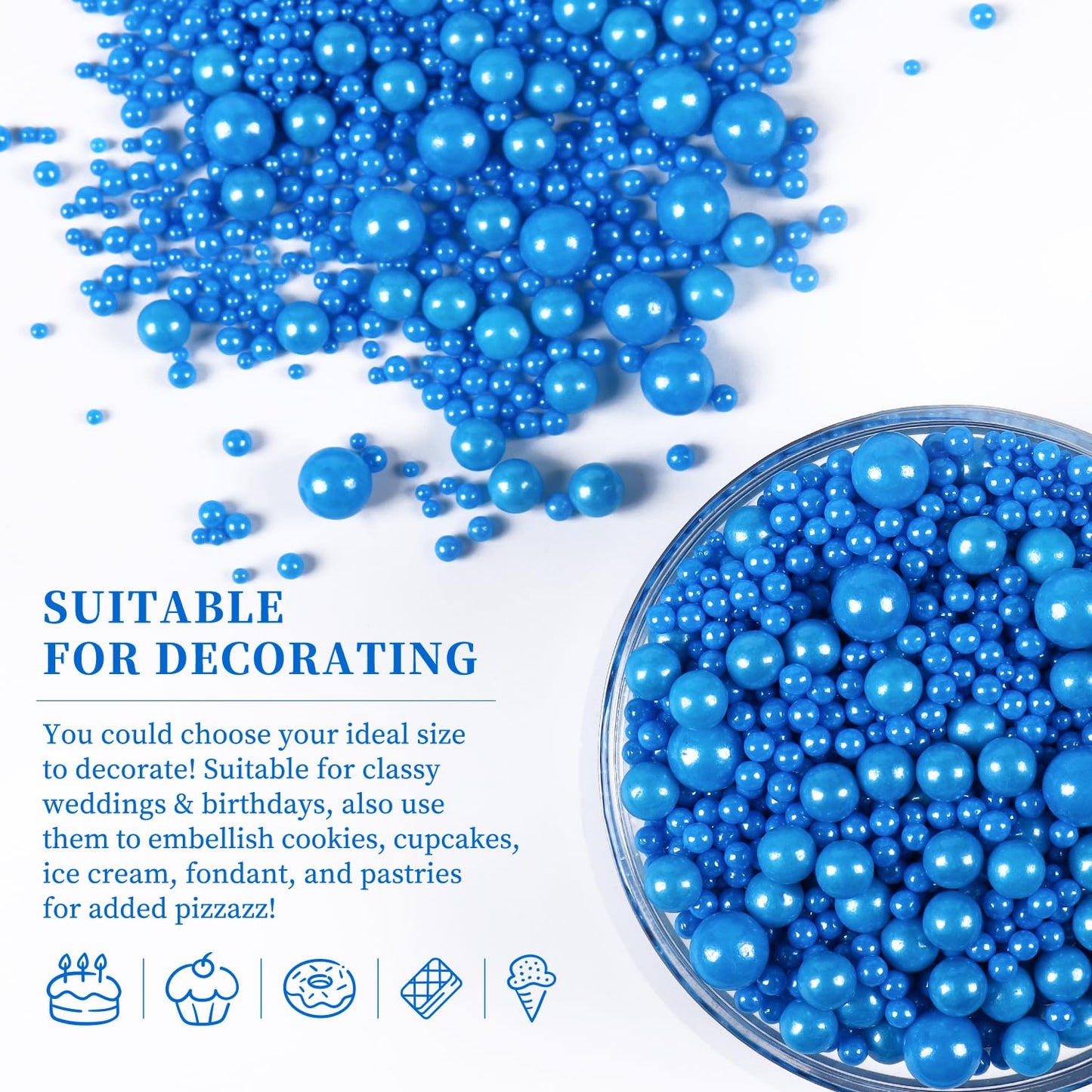 Edible Pearls for Cake Decorating, Blue Pearl Sprinkles, Blue Sprinkles for Cookies, Macaron, Cake, and Ice Cream Topping, Perfect for Independence Day, Holidays, Birthday and Baby Shower(120g/4.23oz)
