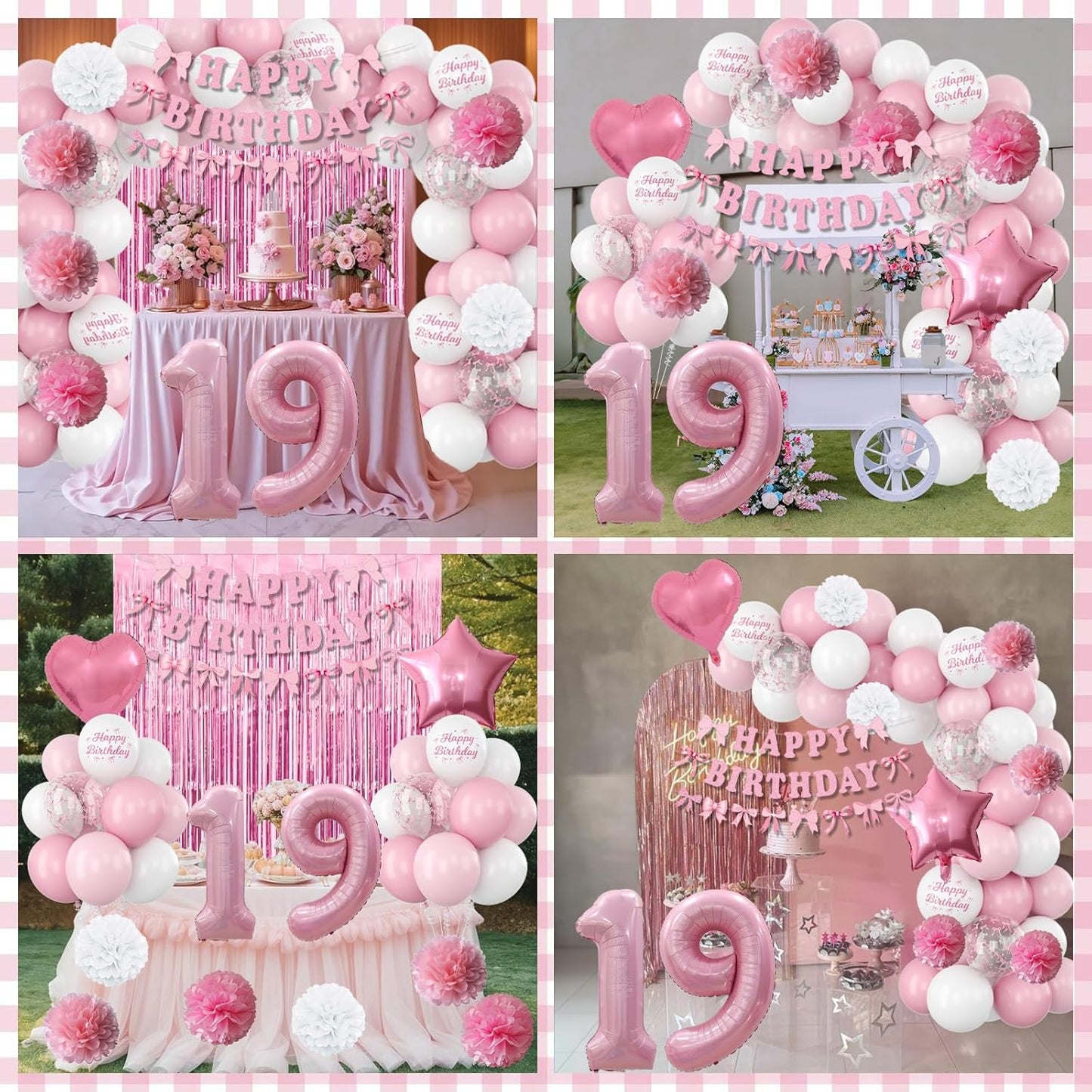 19th Birthday Decorations for Girls Pink Number 19 Balloon Bow Coquette Happy Birthday Banner Fringe Curtain Paper Pom Poms Star Heart Foil Pink White Balloons 19 Year Old Party Decor for Her