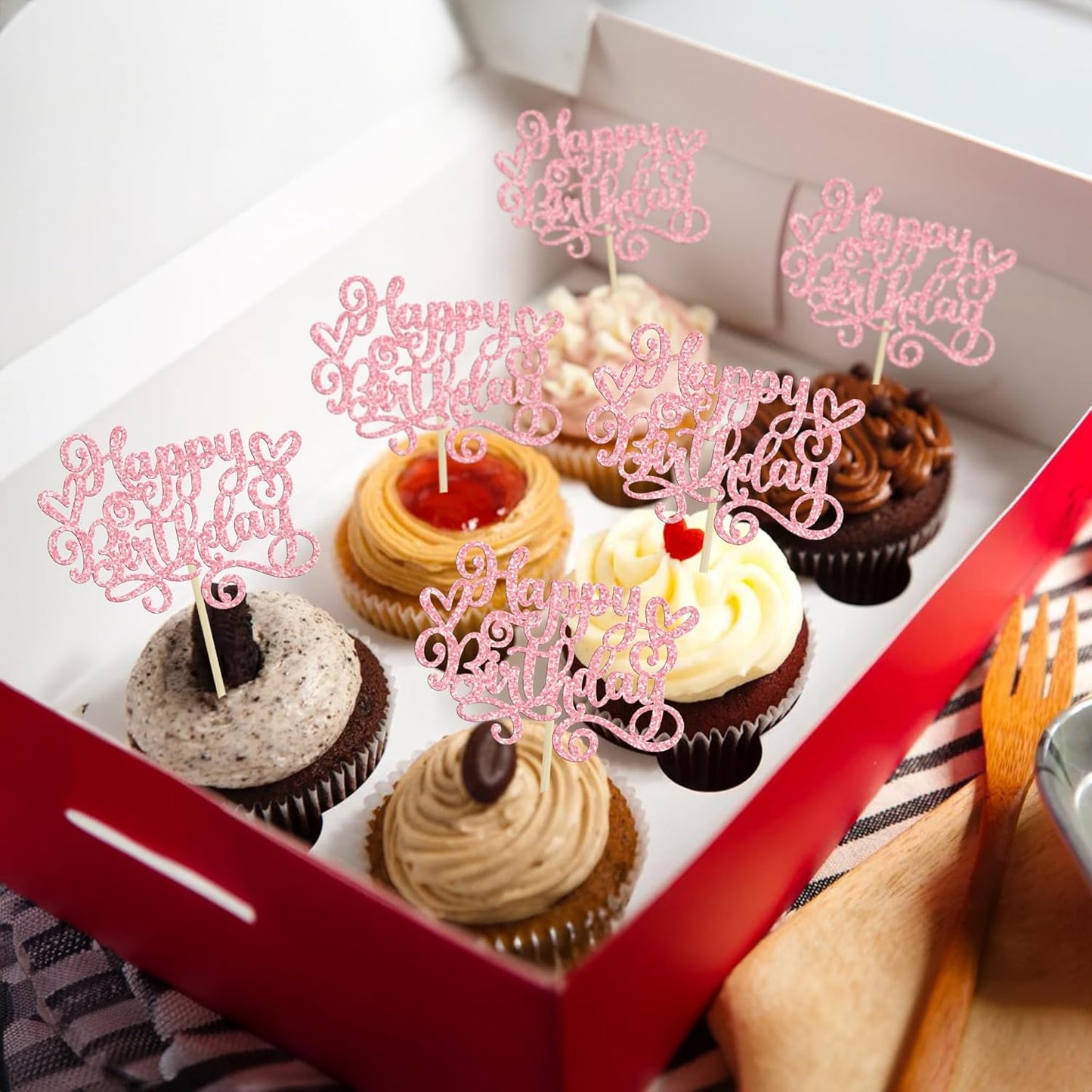 Gyufise 24Pcs Happy Birthday Cupcake Toppers Glitter Happy Birthday Cupcake Picks for Celebrating Happy Birthday Anniversary Theme Party Cake Decorations Supplies Pink