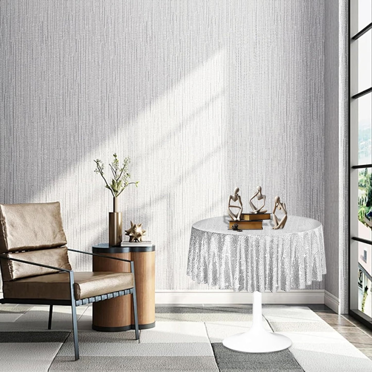 6 Pcs Silver Sequin Tablecloth 50Inch Silver Round Tablecloth Overlay Round Table Cloth Silvers Glitter Tablecloth Round Sparkly Drape Tables Cloth for Wedding Party Cake Holiday Banquet